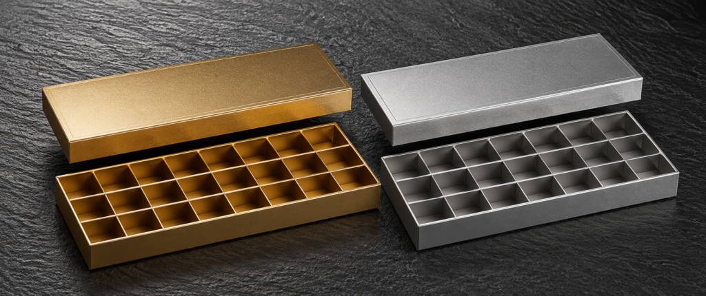 Foldable Paper chocolate gift Boxes with Dividers in metallic finish sharjah
